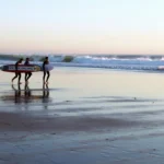 three man holding surfboard while walking on seashore