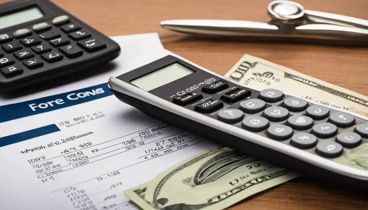 A calculator and money to represent the costs and benefits of closing costs when refinancing a home.