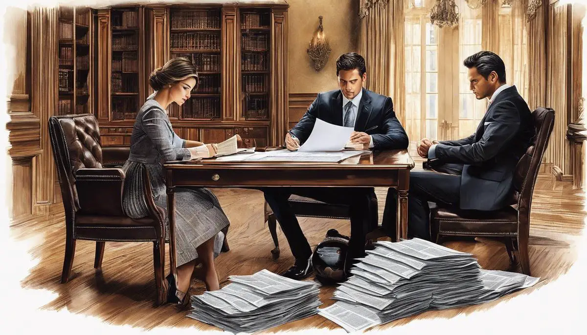 Image depicting a couple sitting at a table with financial documents and a mortgage contract, symbolizing the complexity of refinancing after a divorce.