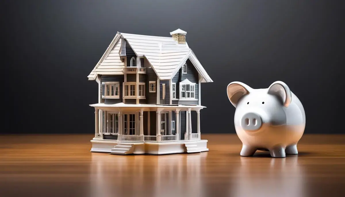 A hand with a house-shaped piggy bank for savings