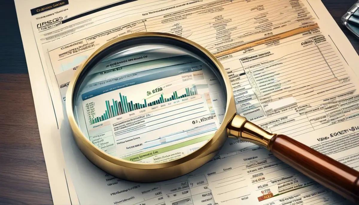Illustration of financial charts and a magnifying glass, symbolizing the need for careful analysis before choosing a lender for a no closing costs refinance.