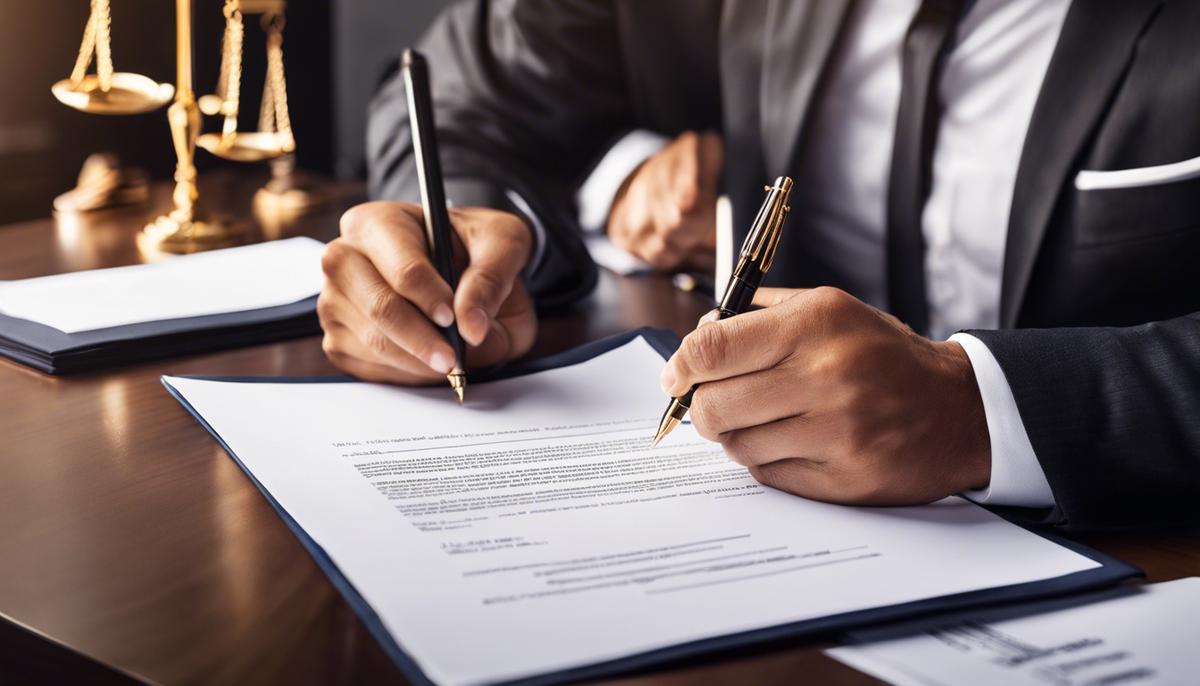 An image showing an individual signing a legal document related to refinancing, symbolizing the legal intricacies involved in the process.