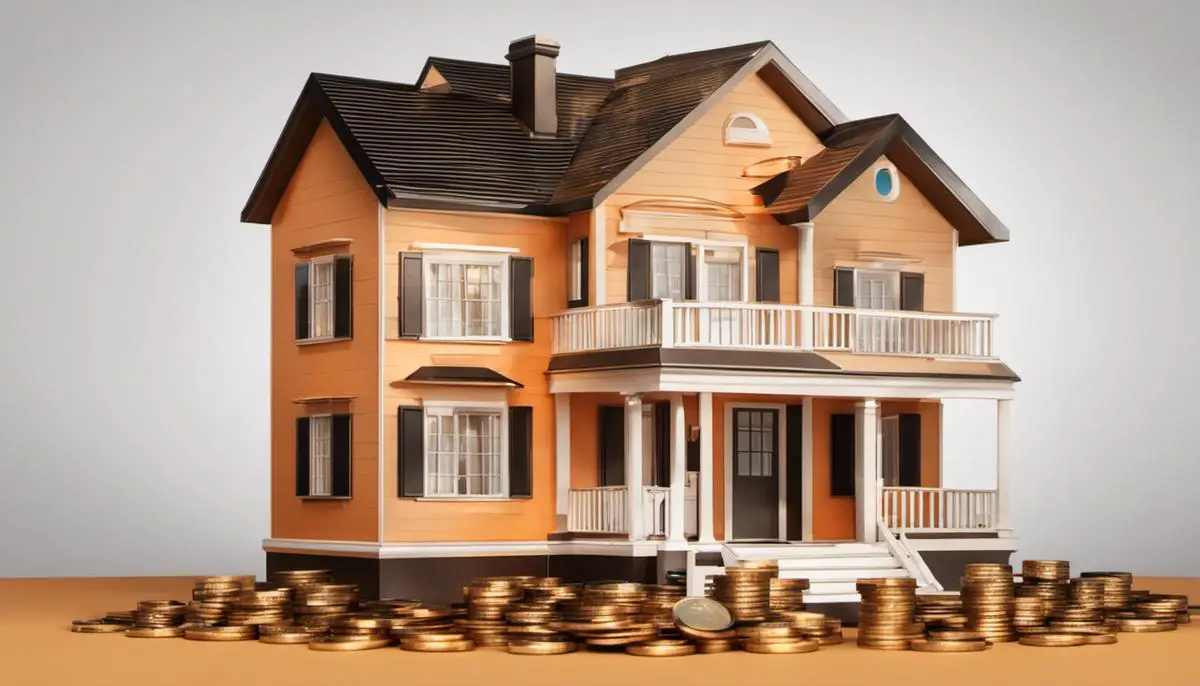 Illustration of a house with coins representing refinancing financial strategy