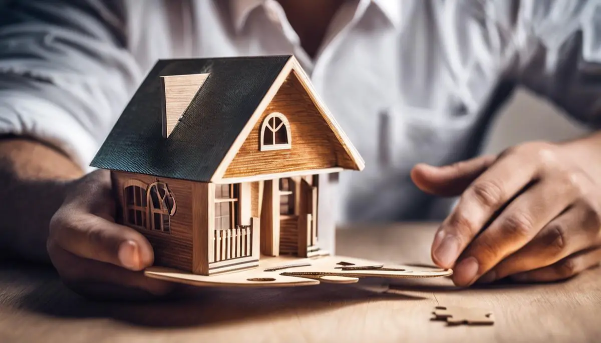A person holding a house-shaped puzzle piece, symbolizing the concept of refinancing strategies.