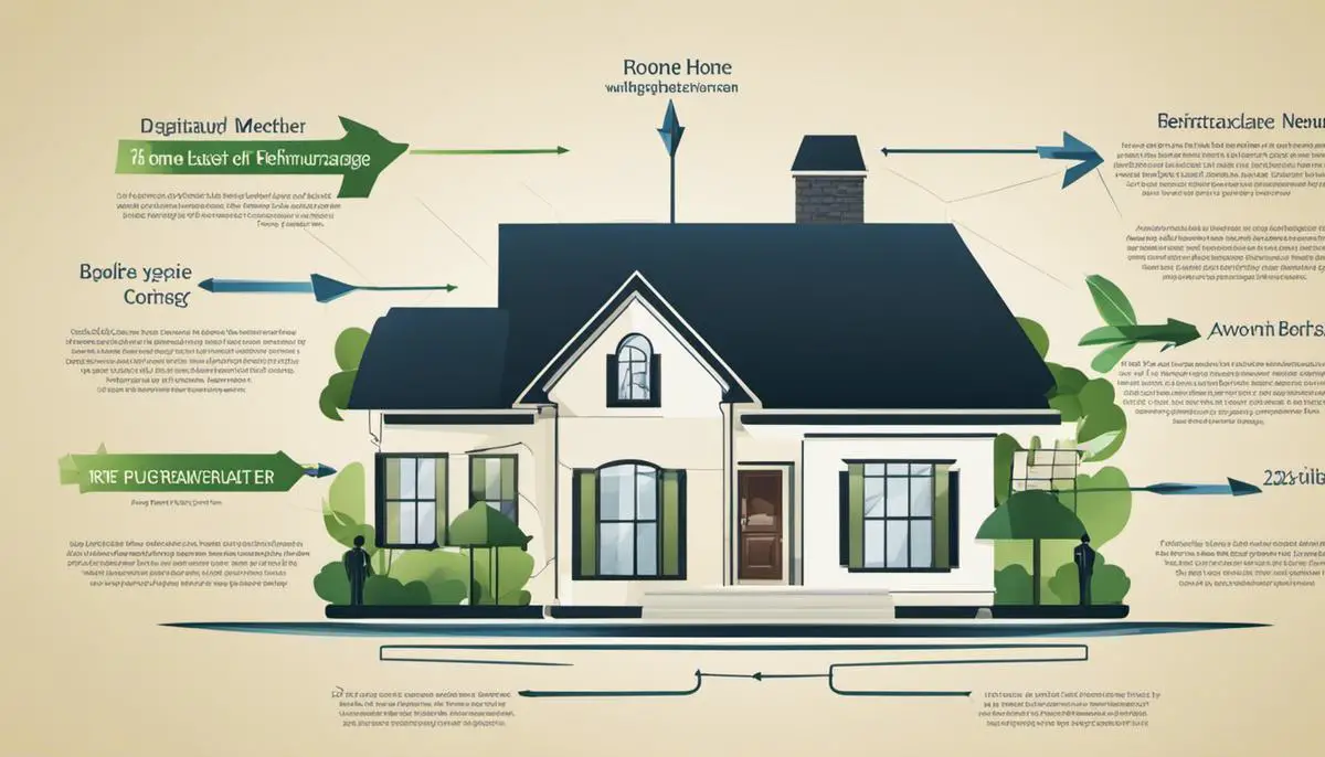 A diagram showing the process of home refinancing, with arrows indicating replacing the old mortgage with a new one and the potential benefits and drawbacks